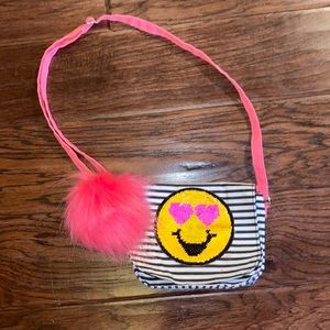 Emojination 2 emoji flip sequins black white striped purse pink strap fluff ball